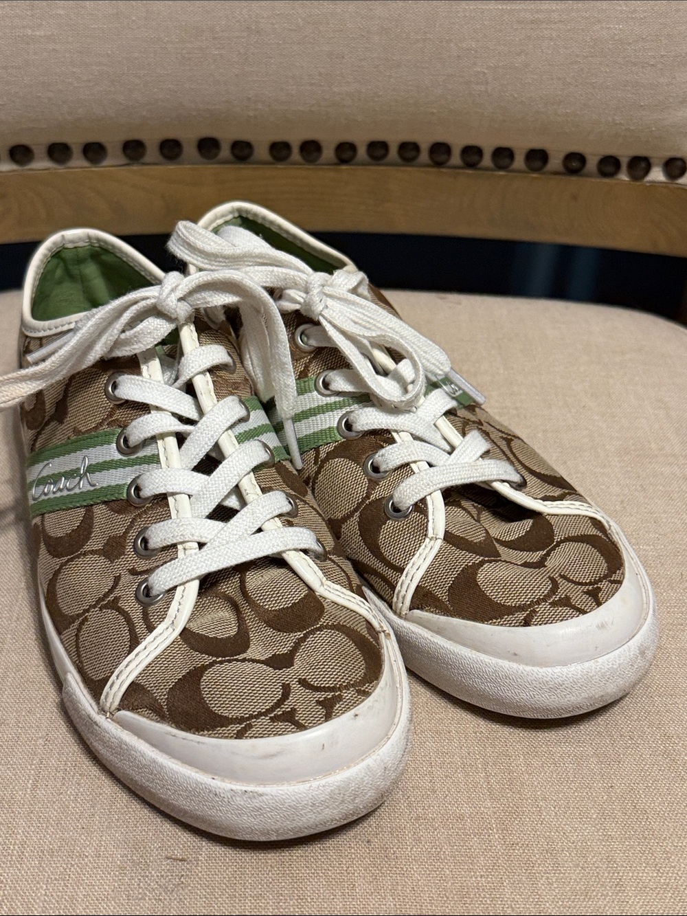 Coach “Polly” Signature Jacquard Canvas Sneakers with Green Accents size 8.5